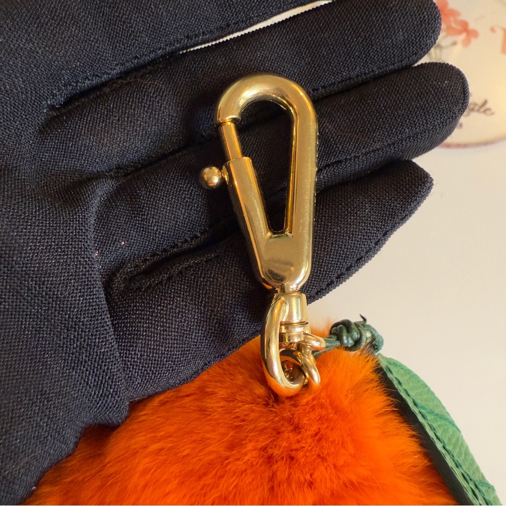 Orange Furry Pom Pom Keychain with Green Leaf - Picture 6 of 12
